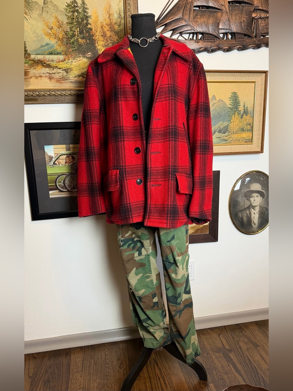 Vintage 1950s-60s PINE CREST Wool Plaid Hunting Coat Men's Large
